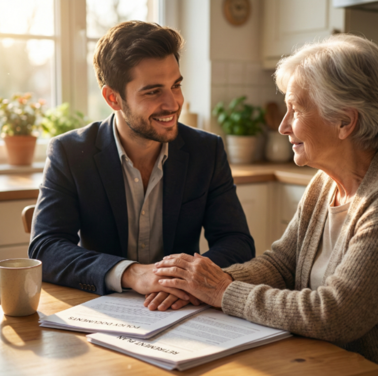Insurance agent helping elderly client with coverage options